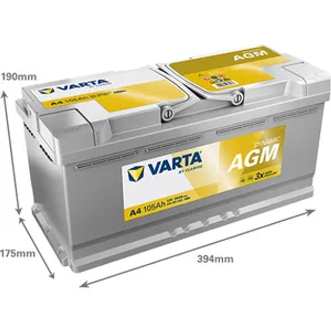 A4 Varta Dynamic AGM 020 Car Battery 12V 105Ah (605901095) - Powerland.co.uk