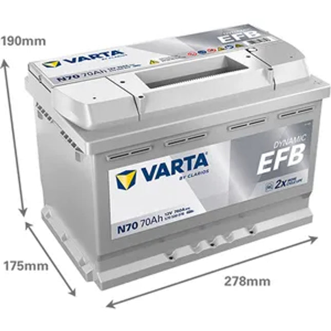 N70 VARTA START-STOP EFB CAR BATTERY 12V 70AH (570500076) TYPE 096 - Powerland.co.uk