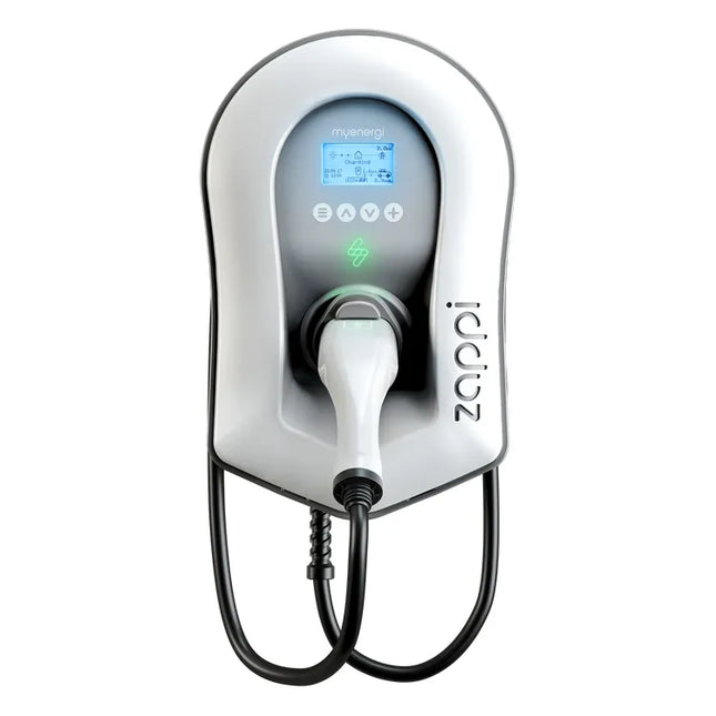Zappi EV charger 7kw to 22kw Tethered white - Type 2 - Powerland.co.uk