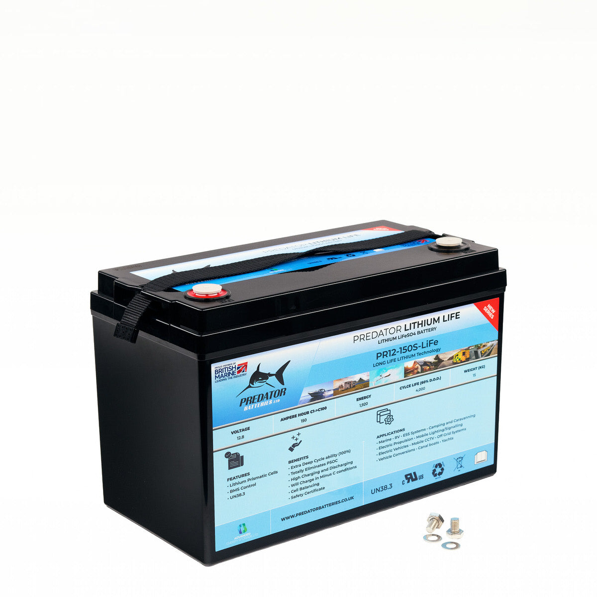 PR12-150S-LIFE Predator Batteries 12v 150Ah Lithium 4 LiFe Battery – 5 Year Guarantee – Lithium Leisure Battery with Built in BMS & M8 Terminal Fixings - Powerland.co.uk