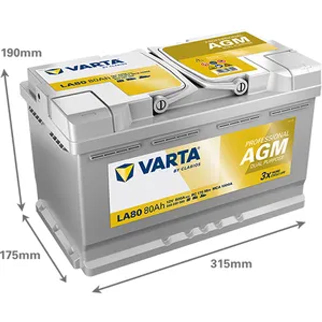 LA80 VARTA DUAL PURPOSE AGM LEISURE BATTERY 840 080 080 - Powerland.co.uk