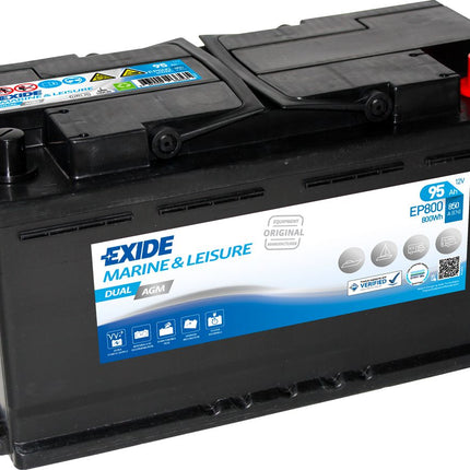 EXIDE EP800 DUAL AGM LEISURE MARINE BATTERY Capacity (C20) 95Ah CCA(EN) 850A-Powerland